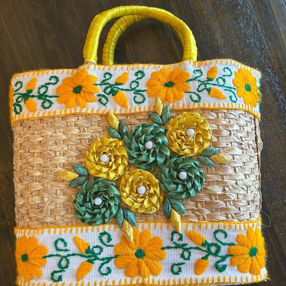 Floral Embroidered Straw Tote Bag with Yellow Handle